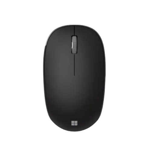 Black computer mouse with a logo on a white background