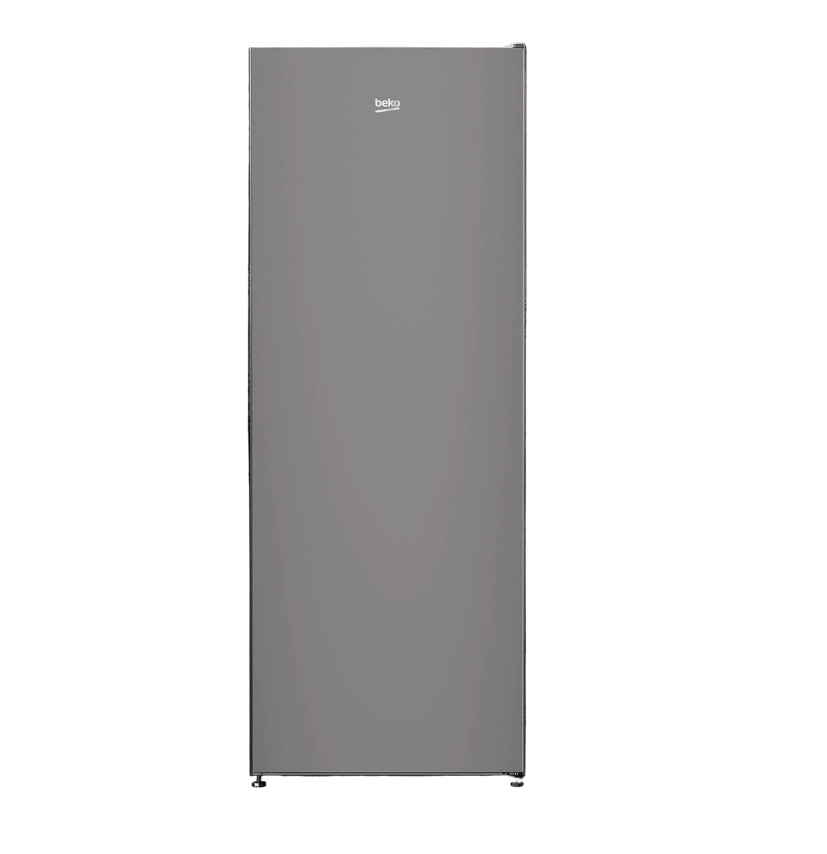 A tall, slim refrigerator with a matte dark gray finish, featuring a small white 'belko' logo near the top center, set against a solid black background.