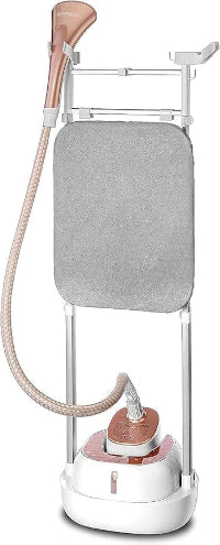 Portable iron with gray ironing board and white base on a white background