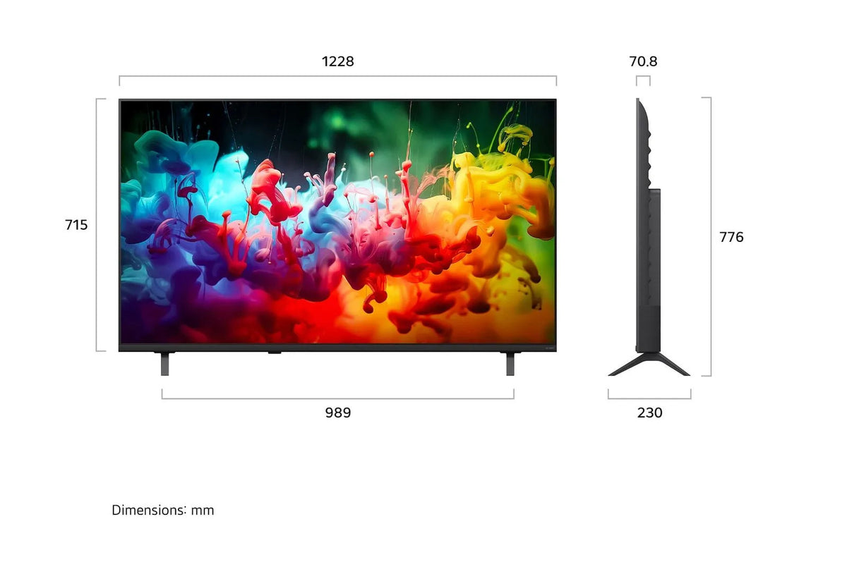 Smart TV with colorful display and dimensions labeled on a white background