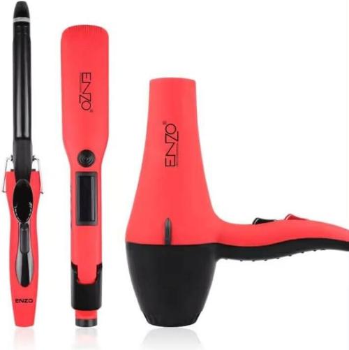 Enzo Set Hair Dryer & Straightener, Curler, Red