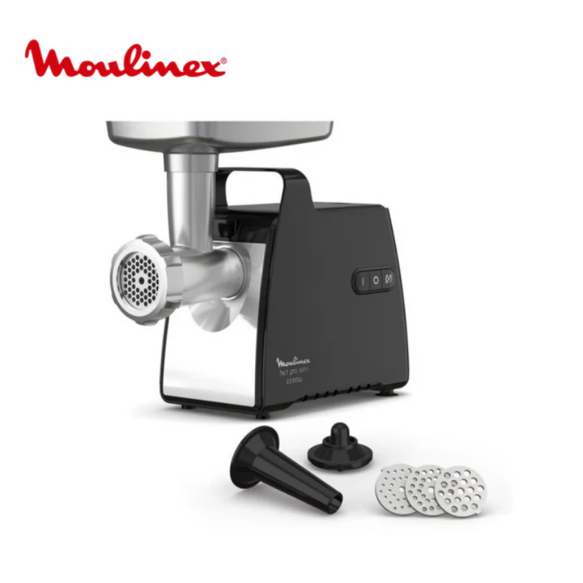 Moulinex meat grinder with attachments on a white background