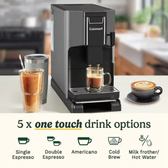 Cuisinart coffee machine with various coffee options displayed on a kitchen counter.