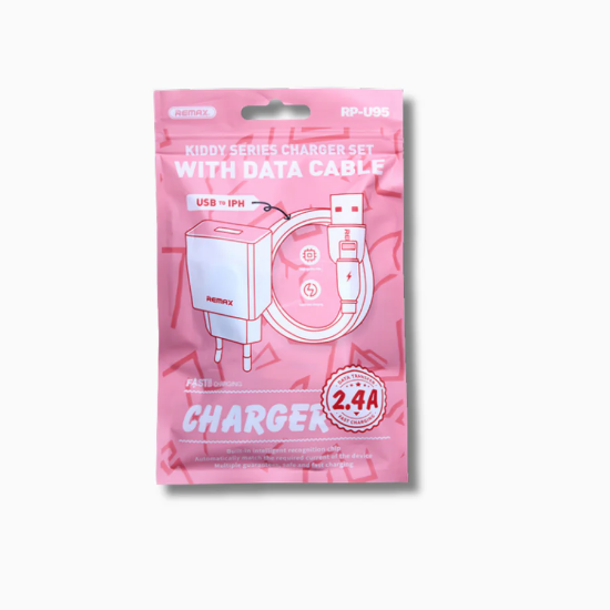 Pink packaging of a charger set with data cable on a white background, featuring the brand 'IBRELLIA'.