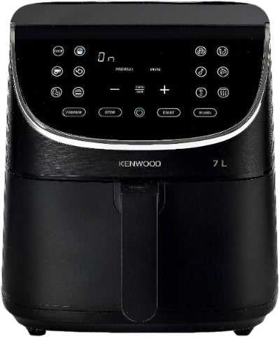 Black Kenwood air fryer with digital display on a white background
