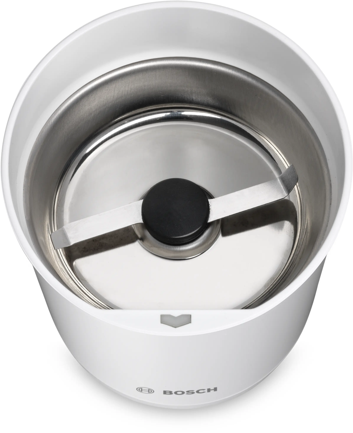 Bosch kitchen grinder with white base and metallic top on a white background