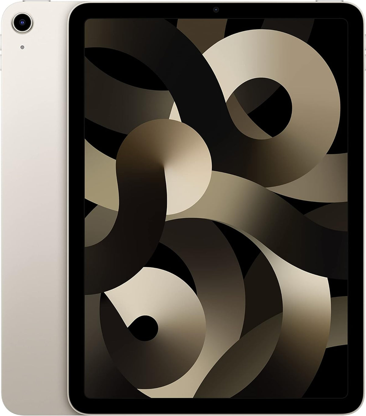 The image shows a Apple iPad Air in Starlight color with a stylized wallpaper on the screen, visible in landscape mode.