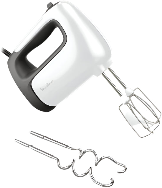 White hand mixer with attachments on a white background