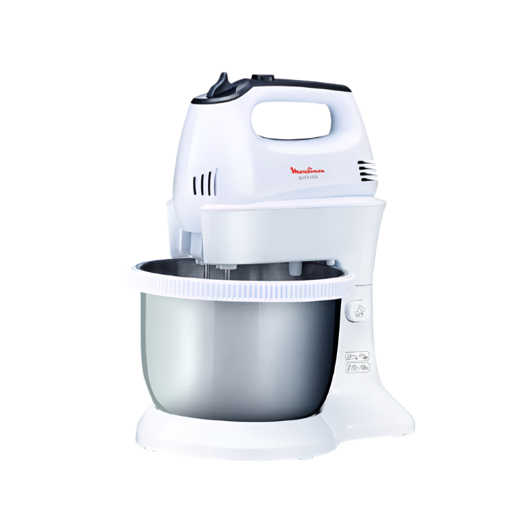 White stand mixer with a silver bowl on a white background