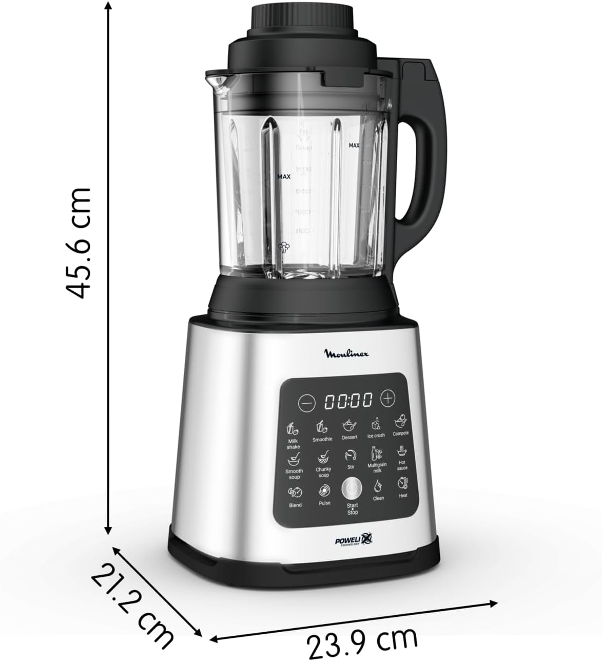 Blender with dimensions labeled on a white background