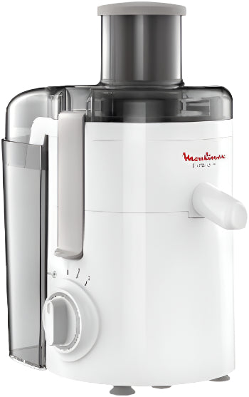White and gray juicer with Moulinex logo on a white background