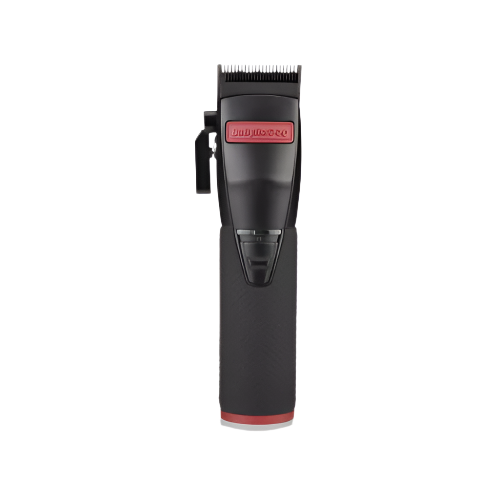 Black hair trimmer with red accents on a white background