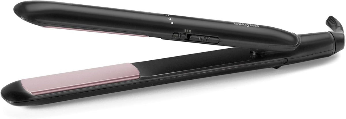Black hair straightener with pink accent on a white background