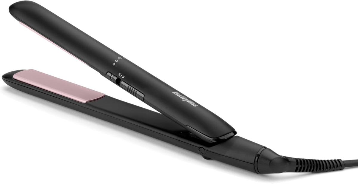 Black hair straightener with pink ceramic plate on a white background