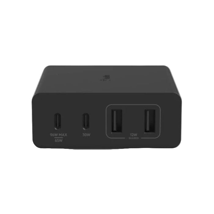 Black power adapter with multiple ports on a white background