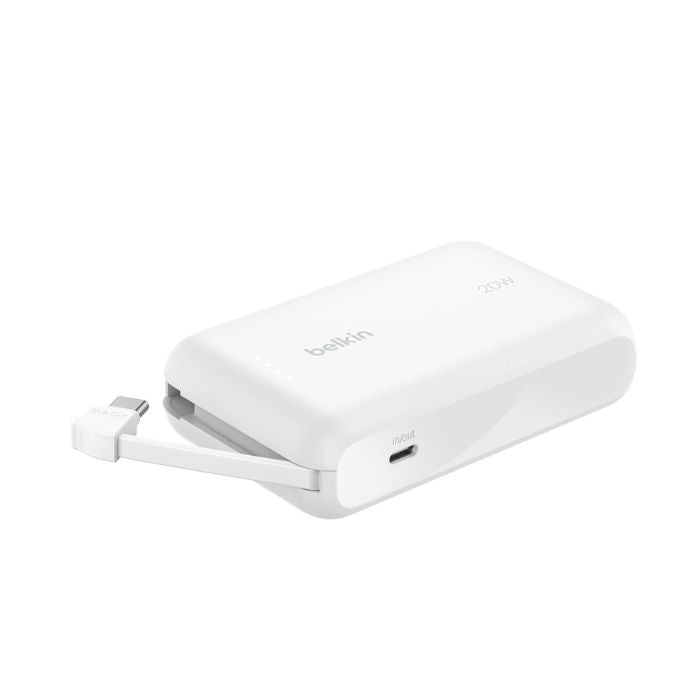 Belkin Boost Charge Power Bank 10000Mah, PD 20Watts with USB-C, Integrated Cable and USB-C Port, White