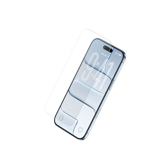 Smartphone with a transparent screen protector on a white background