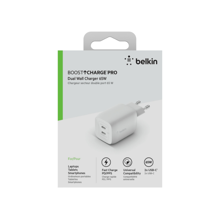 Belkin Boost Charge Pro Dual, USB-C PD GaN Fast Charger, 65Watts, White