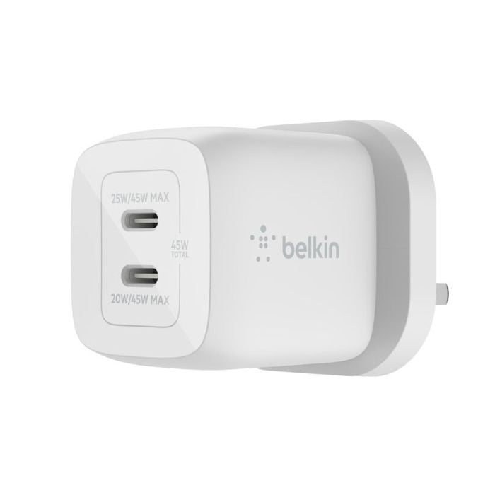Belkin Wall Charger with Interchangeable Plug, 70Watts, 2Ports, White