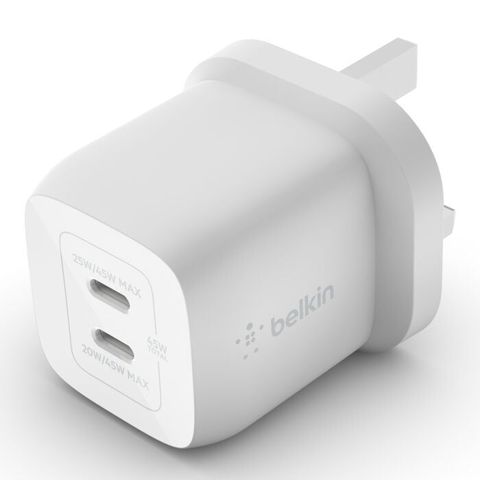 Belkin Wall Charger with Interchangeable Plug, 70Watts, 2Ports, White