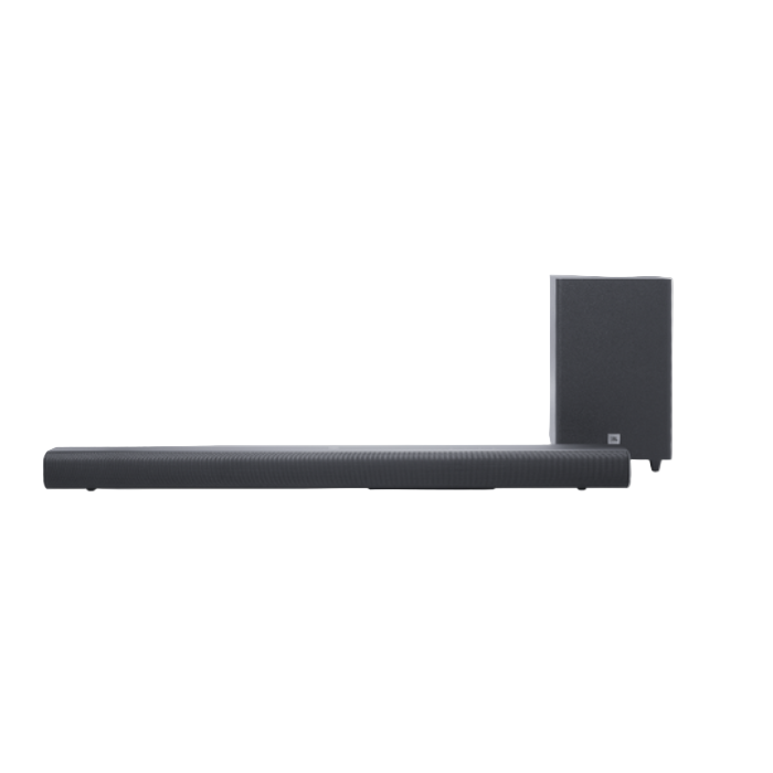 Black soundbar with subwoofer on a white background