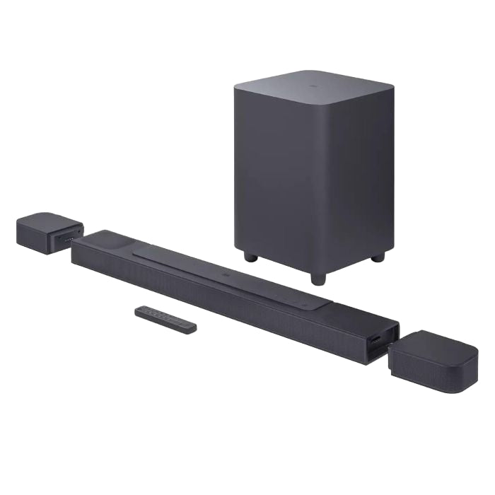 Black soundbar with subwoofer and remote on a white background
