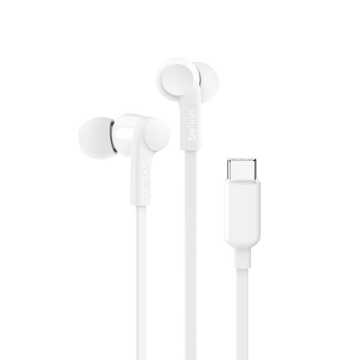 White earbuds with USB-C connector on a white background