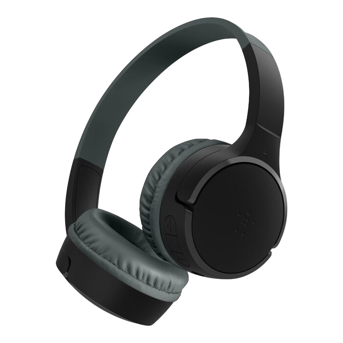 Black and gray headphones on a white background