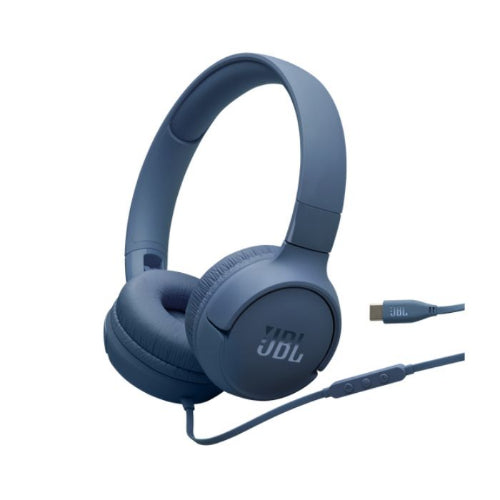 Blue JBL headphones with USB cable on a white background