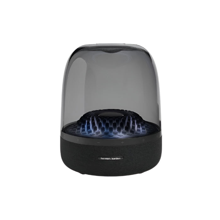 Black and transparent smart speaker on a white background
