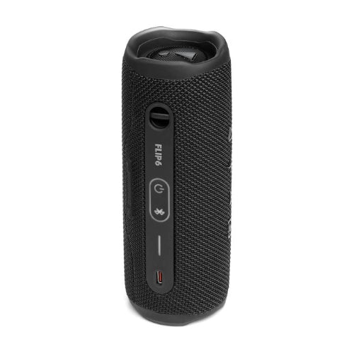 Black portable speaker with visible brand logo on a white background