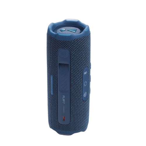 Blue portable speaker on a white background
