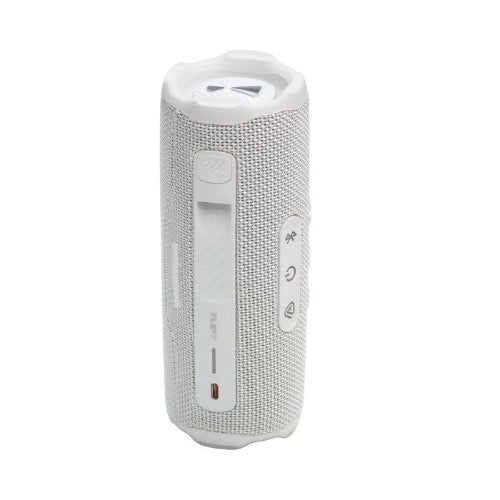 White portable speaker with control buttons on a white background