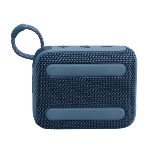 Blue portable speaker with a textured surface on a white background