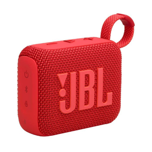Red JBL portable speaker on a white background