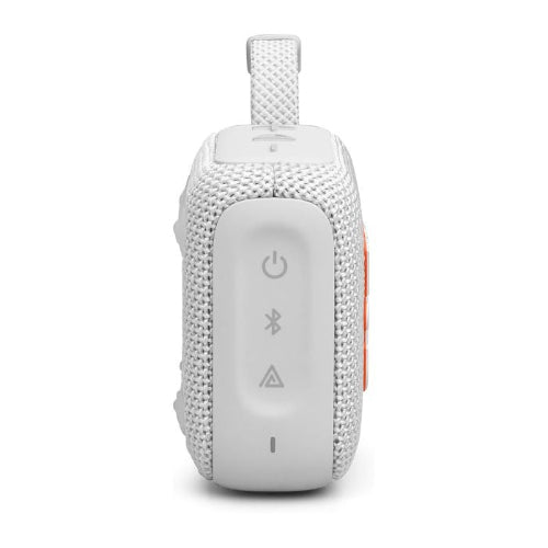 White portable speaker with control buttons on a white background