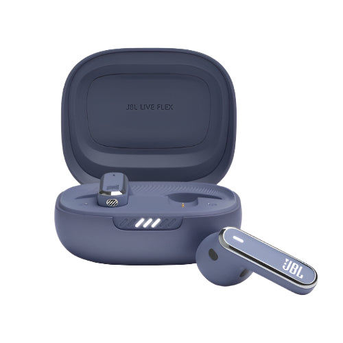 Blue JBL Live Flex wireless earbuds with charging case on a white background