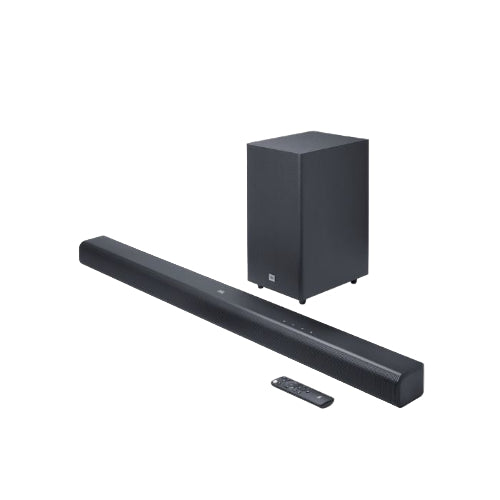 Black soundbar with subwoofer and remote control on a white background