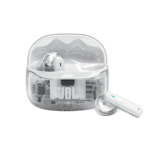 White wireless earbuds with clear JBL case on a white background