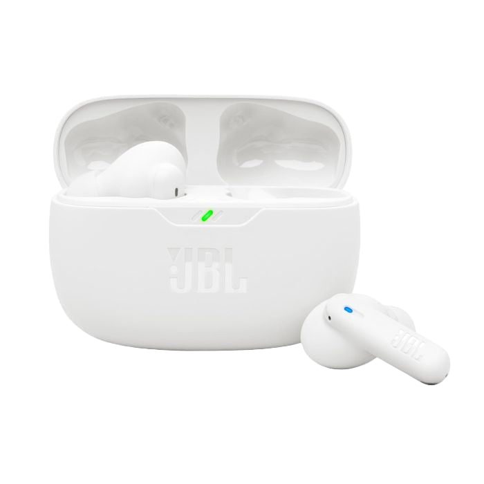 White wireless earbuds with charging case on a white background