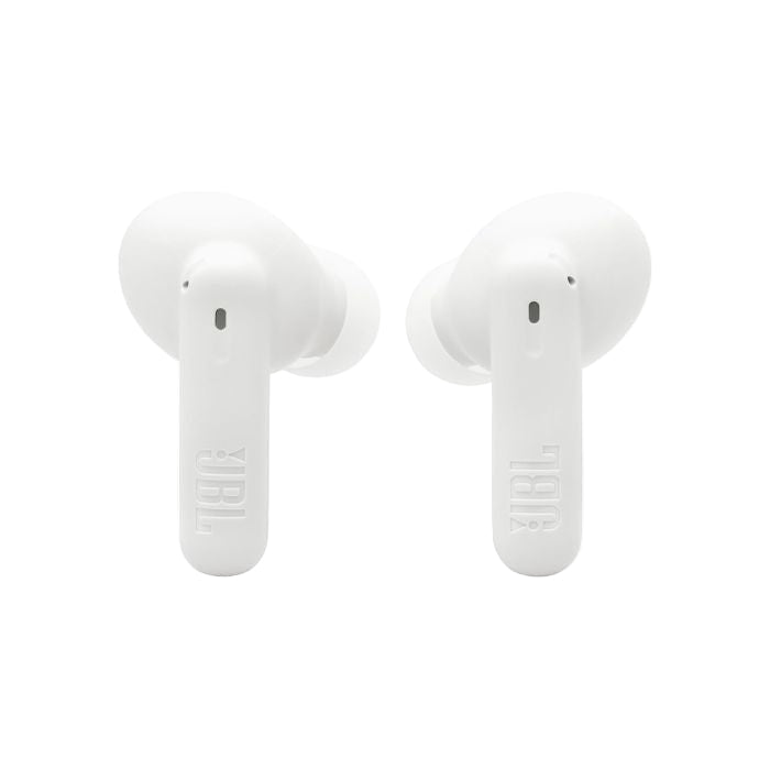 White wireless earbuds on a white background