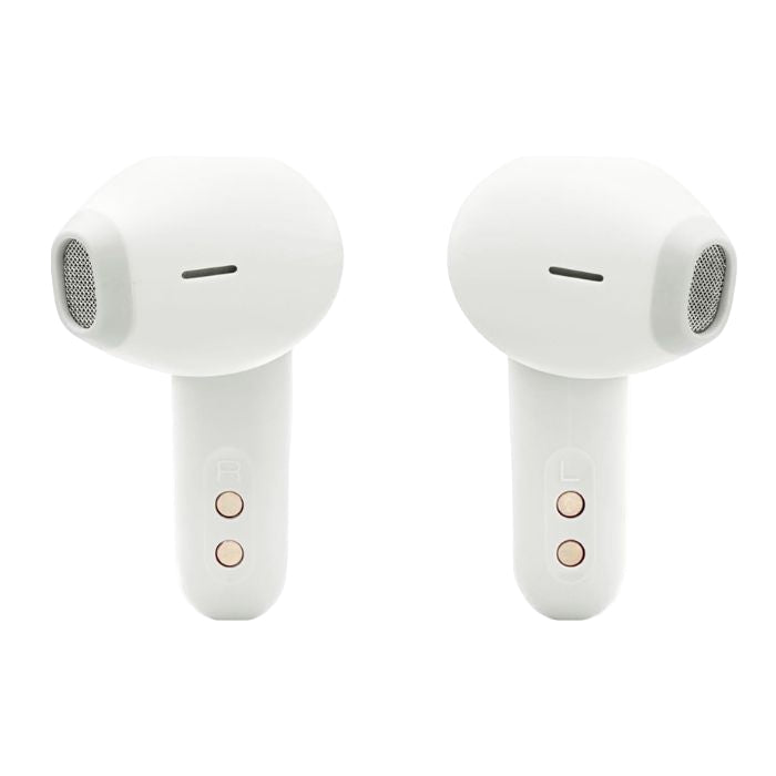 Pair of white wireless earbuds on a white background