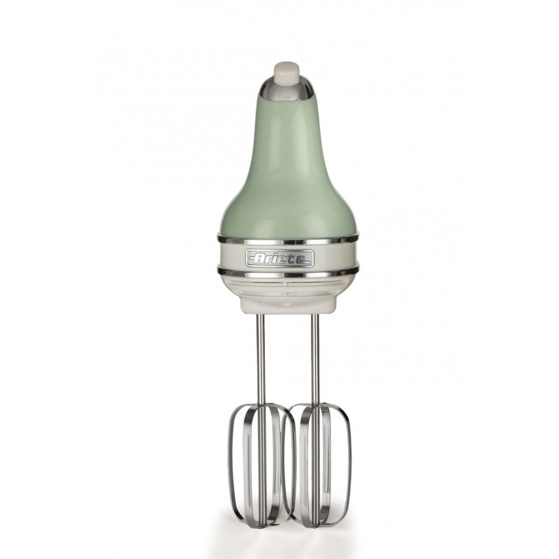 Hand mixer with a light green body and silver accents on a white background