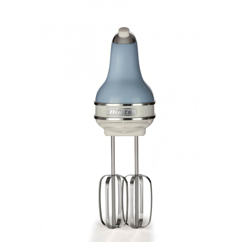 Hand mixer with blue handle and silver body on a white background