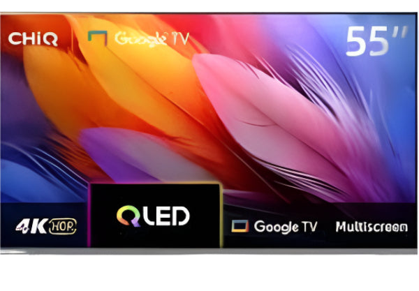 55-inch QLED TV with Google TV and 4K HDR display on a black background