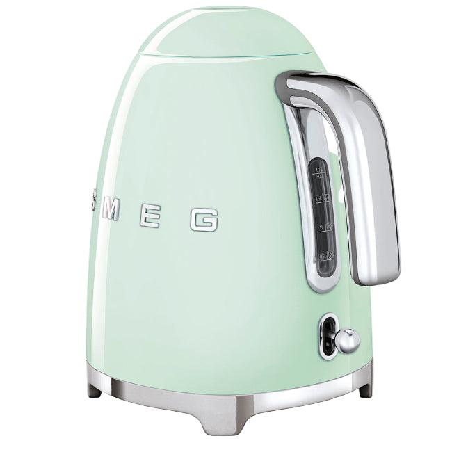 Mint green kettle with chrome accents on a white background