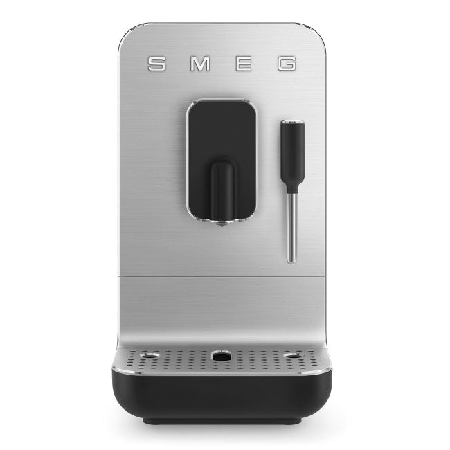Silver SMEG coffee machine on a white background