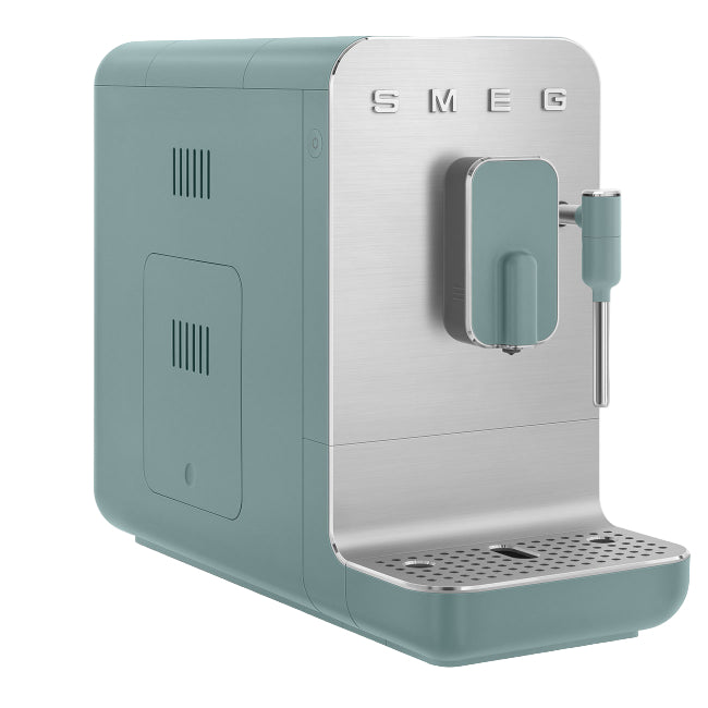 Teal and silver SMEG coffee machine on a white background