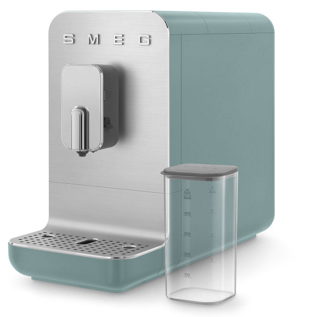 Smeg coffee machine with a clear container on a white background