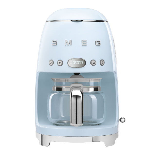 Vintage-style light blue coffee machine with Smeg branding on a white background